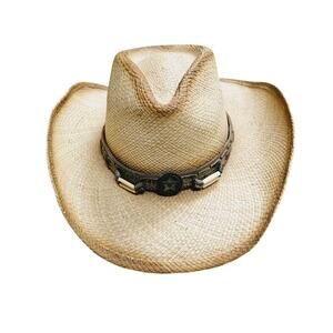 Bullhide Dundee Shapeable Straw Cowboy Hat Sz L Leather Band Barrel Bead Western